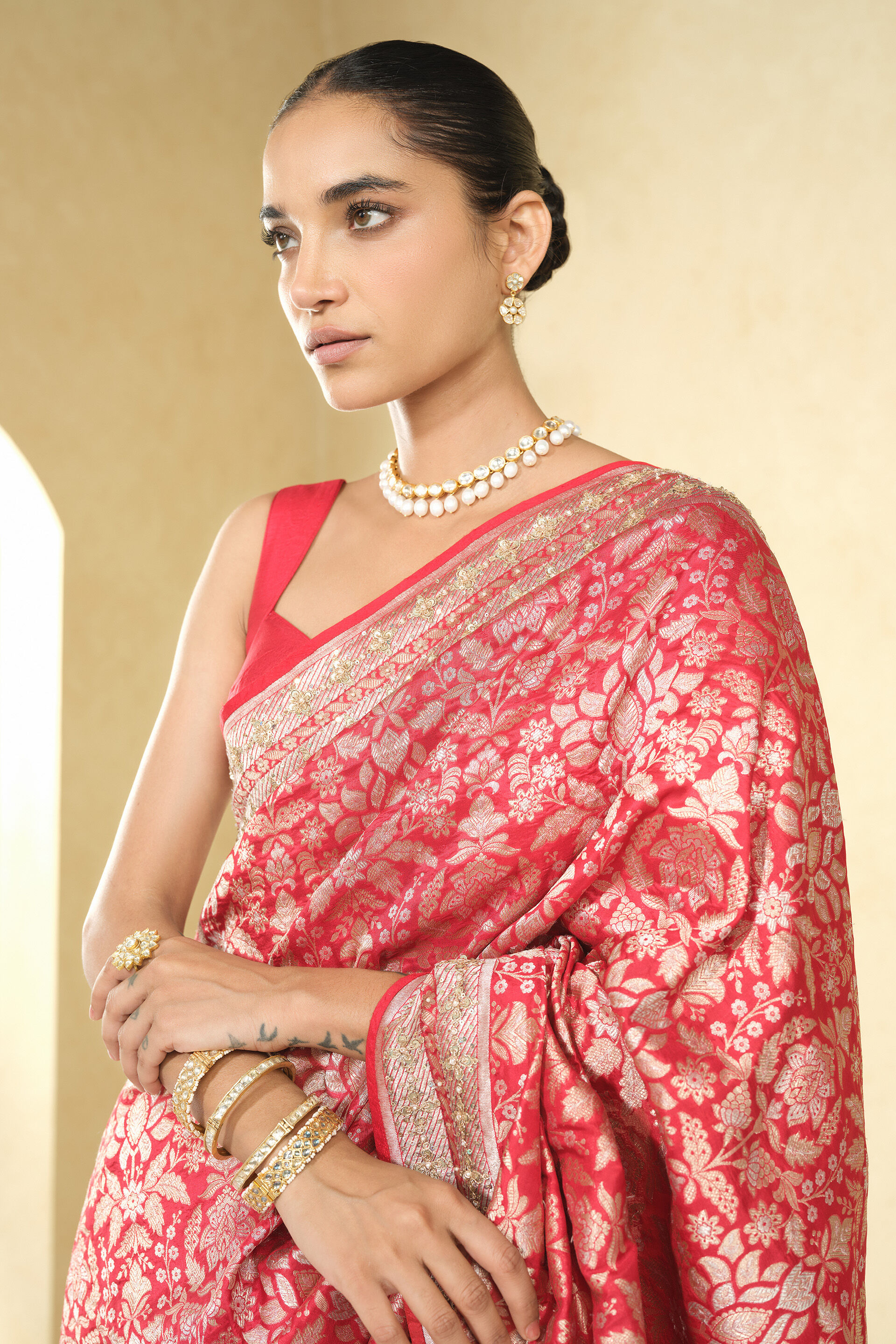 Bhaanavi Handwoven Benarasi Silk Saree - Red, Red, image 7